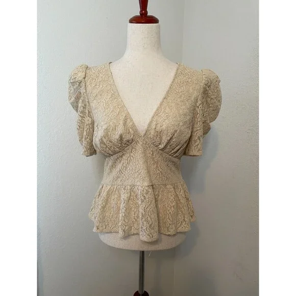 Jealous Tomato Womens Lace Peplum Top Size M Beige Romantic Coquette Babydoll - Picture 1 of 7